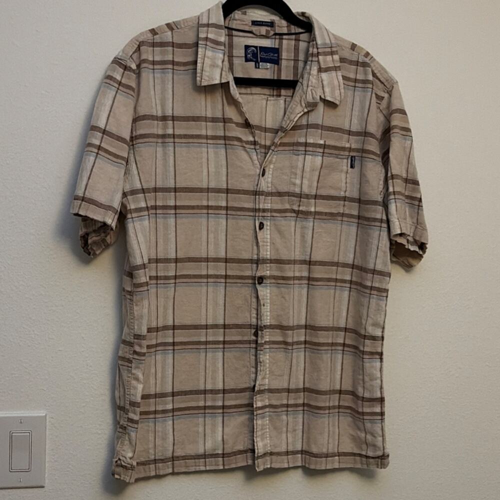 Jack O'Neill Men L Beige Brown Blue Plaid Linen Blend Button-Up Shirt